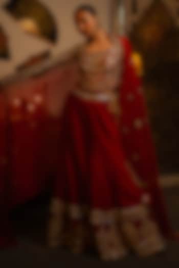 Crimson Red Soft Silk Zardosi Work Wedding Sharara Set by Vandana Sethi at Pernia's Pop Up Shop