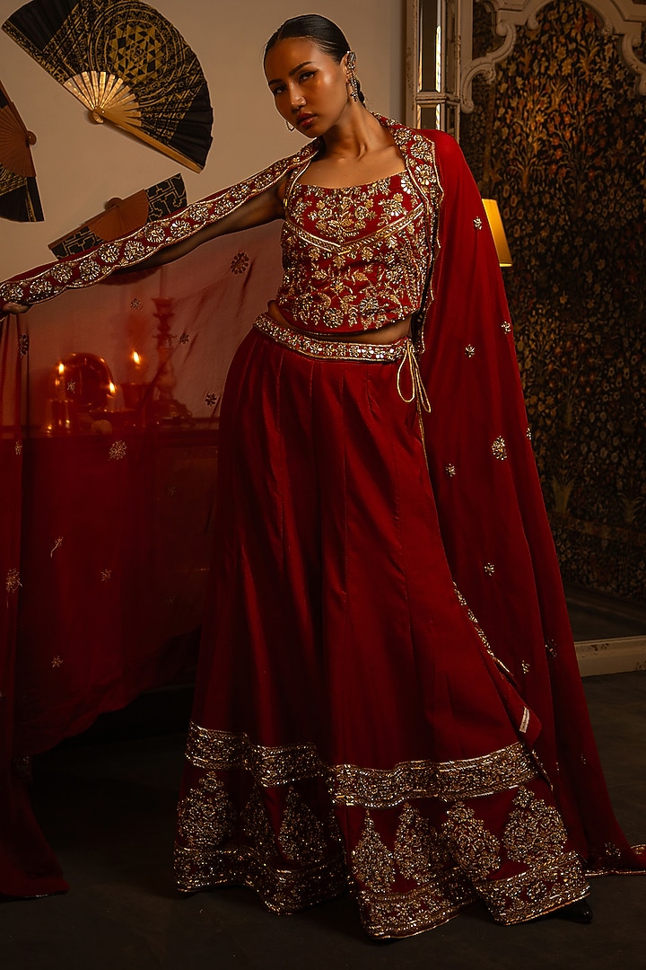 Crimson Red Soft Silk Zardosi Work Wedding Sharara Set by Vandana Sethi at Pernia's Pop Up Shop