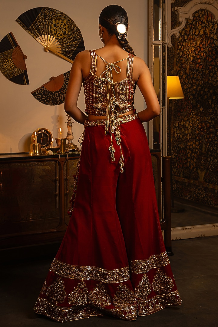 Crimson Red Soft Silk Zardosi Work Wedding Sharara Set by Vandana Sethi at Pernia's Pop Up Shop