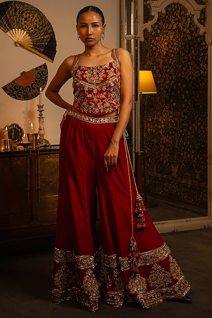 Crimson Red Soft Silk Zardosi Work Wedding Sharara Set by Vandana Sethi at Pernia's Pop Up Shop