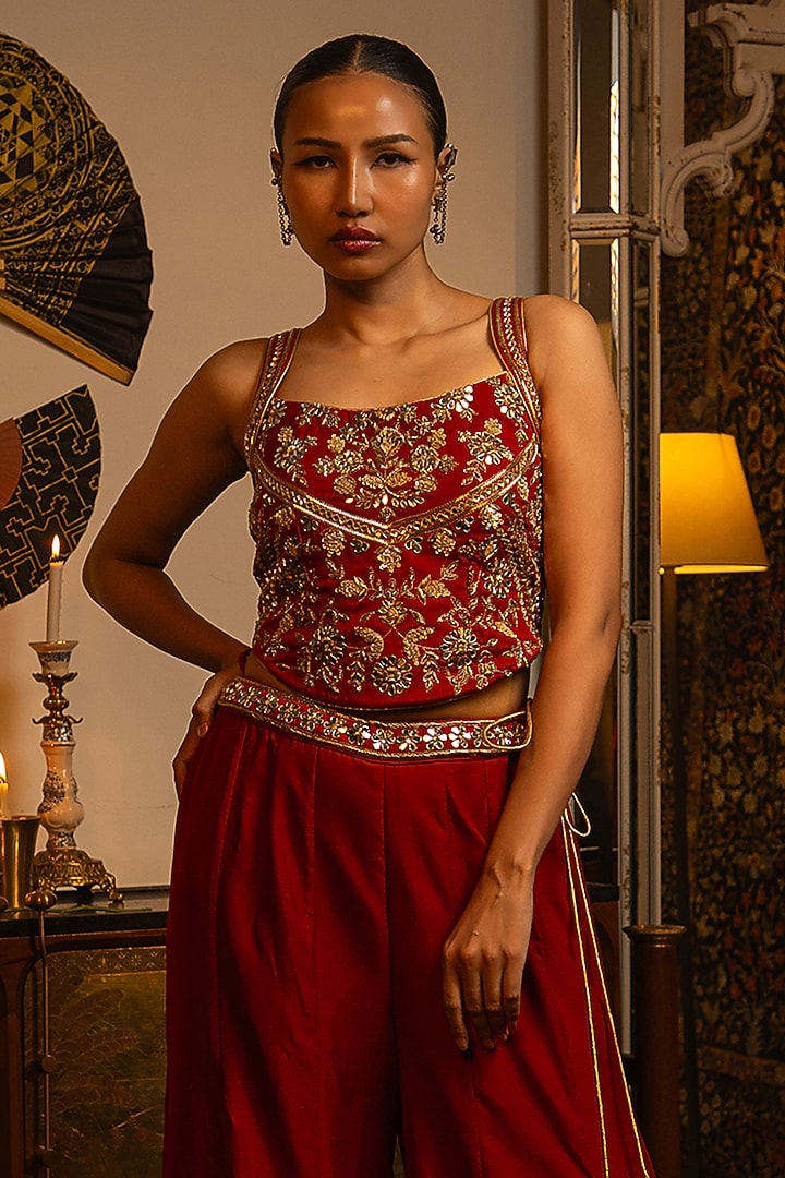 Crimson Red Soft Silk Zardosi Work Wedding Sharara Set by Vandana Sethi at Pernia's Pop Up Shop