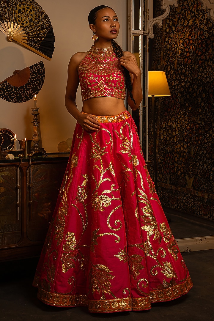 Hot Pink Dupion Silk Gota Work Wedding Lehenga Set by Vandana Sethi at Pernia's Pop Up Shop
