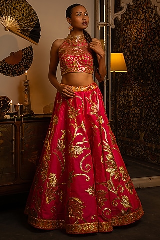 Hot Pink Dupion Silk Gota Work Lehenga Set by Vandana Sethi