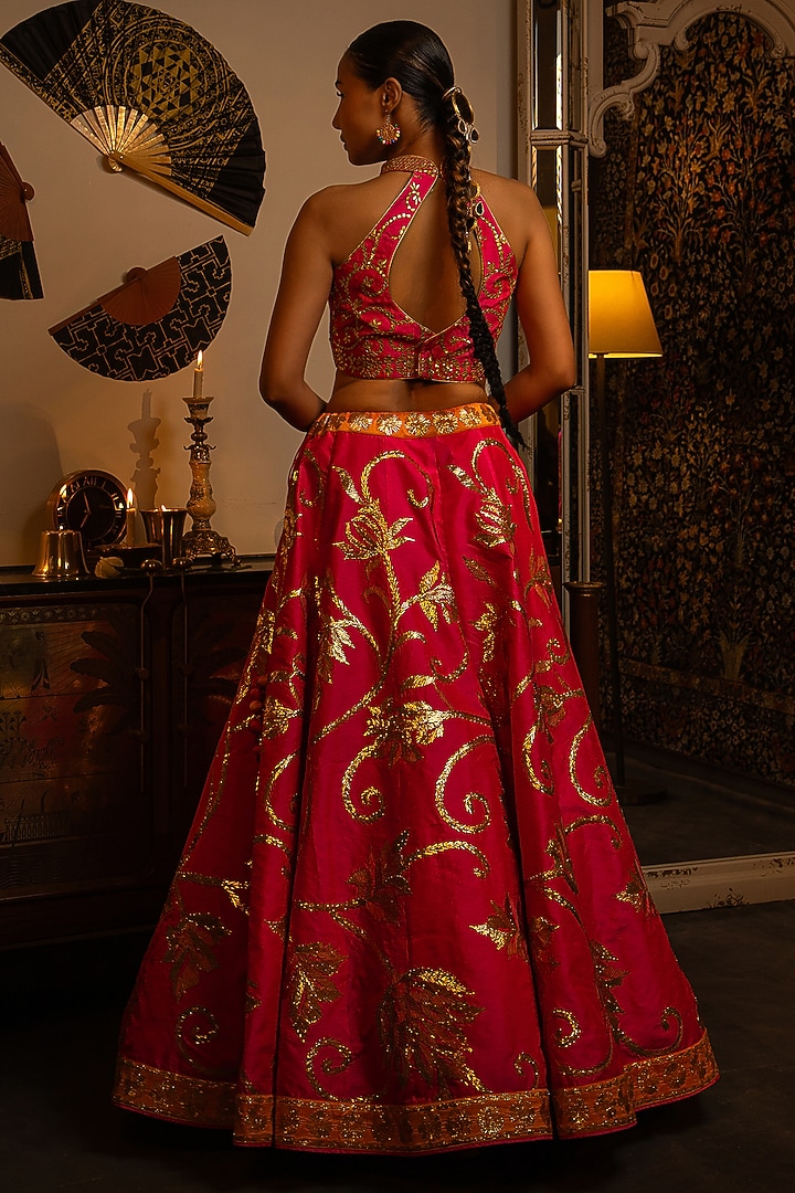 Hot Pink Dupion Silk Gota Work Wedding Lehenga Set by Vandana Sethi at Pernia's Pop Up Shop