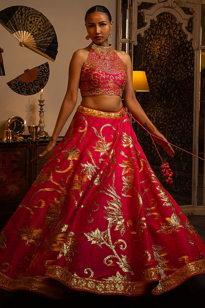 Hot Pink Dupion Silk Gota Work Wedding Lehenga Set by Vandana Sethi at Pernia's Pop Up Shop
