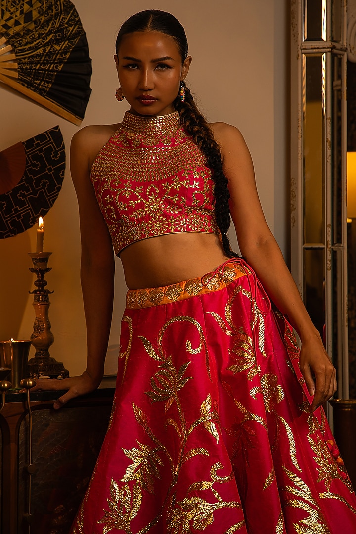 Hot Pink Dupion Silk Gota Work Wedding Lehenga Set by Vandana Sethi at Pernia's Pop Up Shop