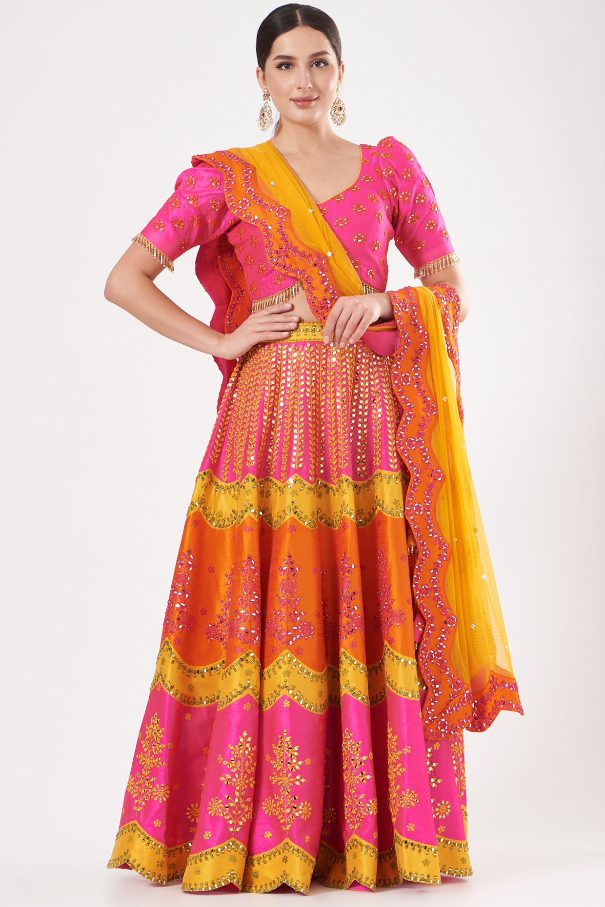Fuchsia & Orange Embroidered Scalloped Wedding Lehenga Set by Vandana Sethi at Pernia's Pop Up Shop