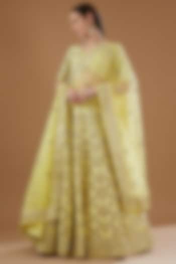 Yellow Dupion Silk Embroidered Lehenga Set by Vandana Sethi