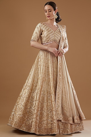 Gold Dupion Silk Embroidered Lehenga Set by Vandana Sethi