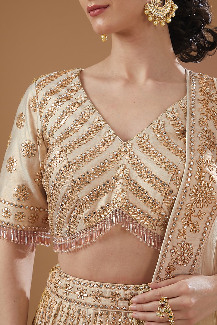 Gold Dupion Silk Embroidered Bridal Lehenga Set by Vandana Sethi at Pernia's Pop Up Shop