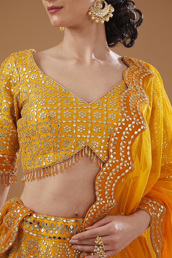 Mustard Yellow Dupion Silk Embroidered Bridal Lehenga Set by Vandana Sethi at Pernia's Pop Up Shop