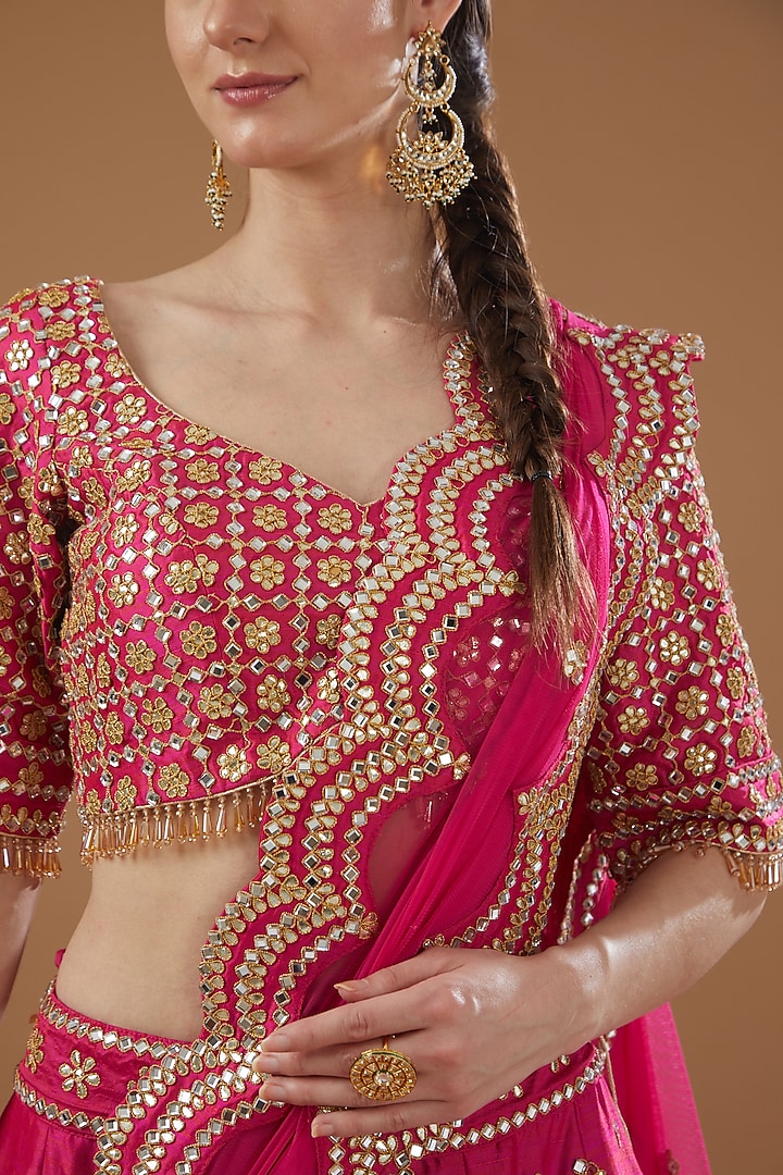 Fuchsia Dupioni Silk Embroidered Bridal Lehenga Set by Vandana Sethi at Pernia's Pop Up Shop