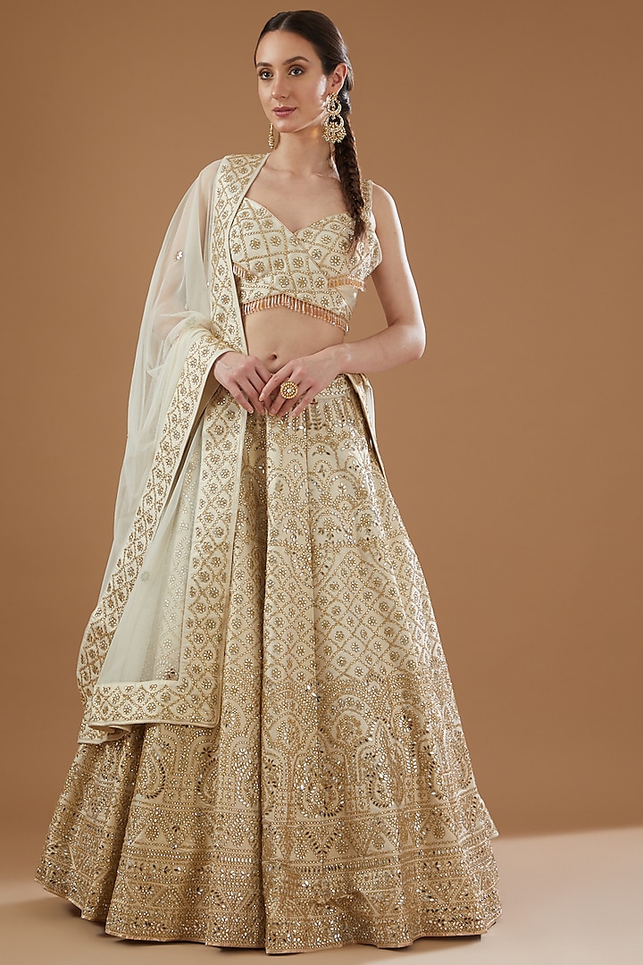 Ivory Dupion Silk Embroidered Lehenga Set by Vandana Sethi