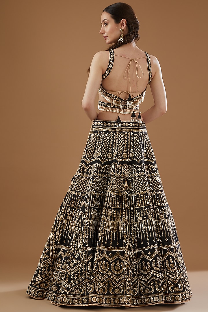 Black Dupion Silk Bead Work Bridal Lehenga Set by Vandana Sethi at Pernia's Pop Up Shop