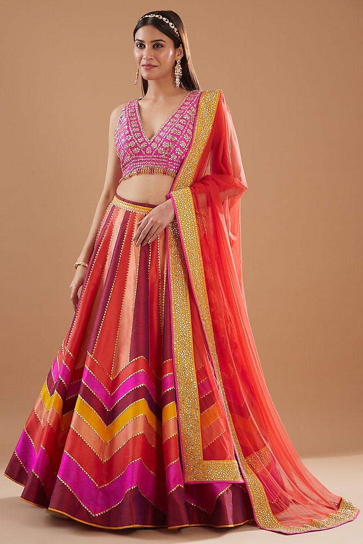 Multi Colored Dupion Silk Embroidered Wedding Lehenga Set By Vandana