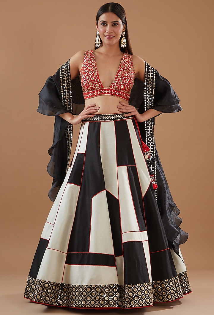 Black & White Dupion Silk Lehenga Set by Vandana Sethi