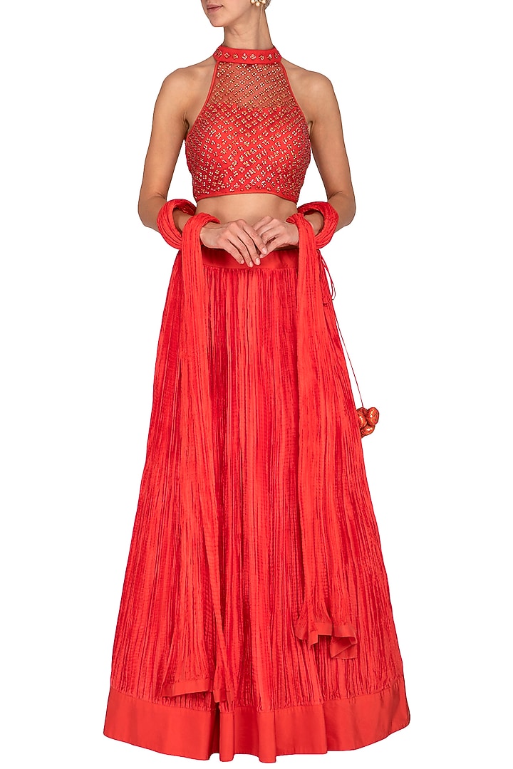 Coral Red Embroidered Wedding Lehenga Set by Vandana Sethi at Pernia's Pop Up Shop