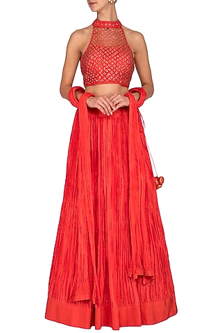 Coral Red Embroidered Lehenga Set by Vandana Sethi