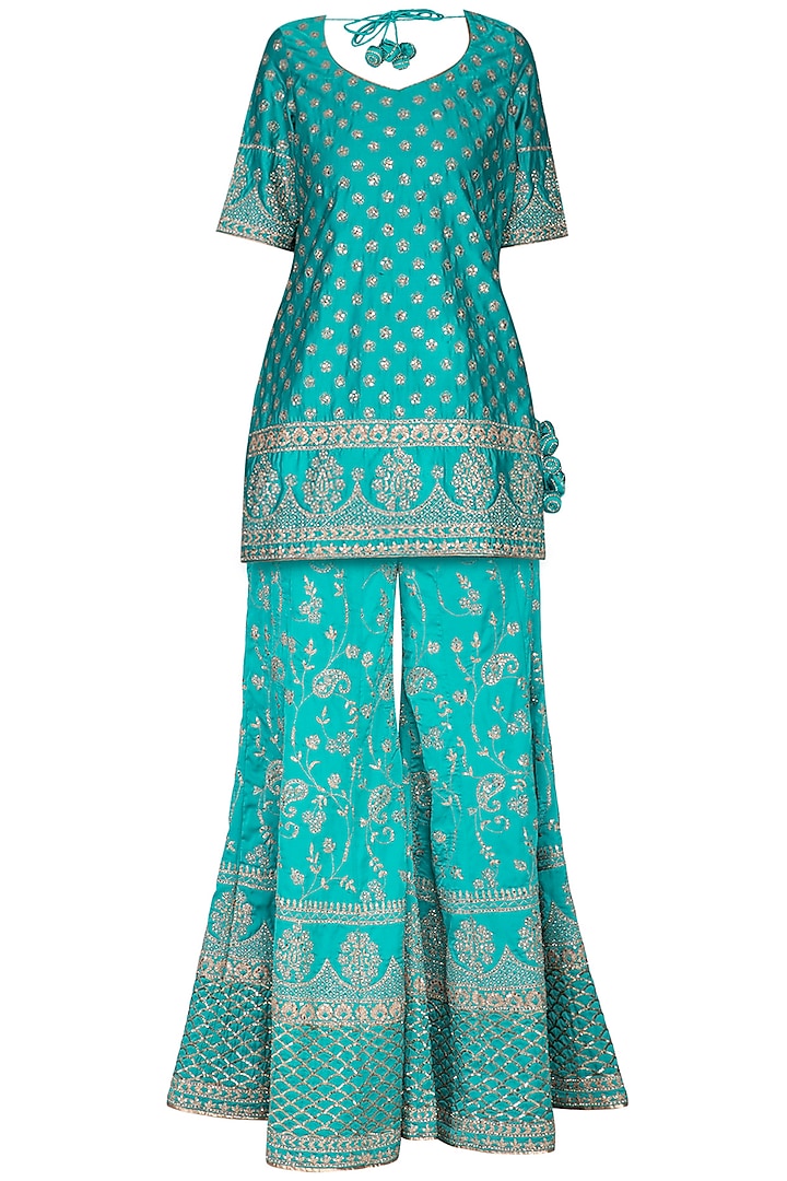 Turquoise Embroidered Sharara Set by Vandana Sethi