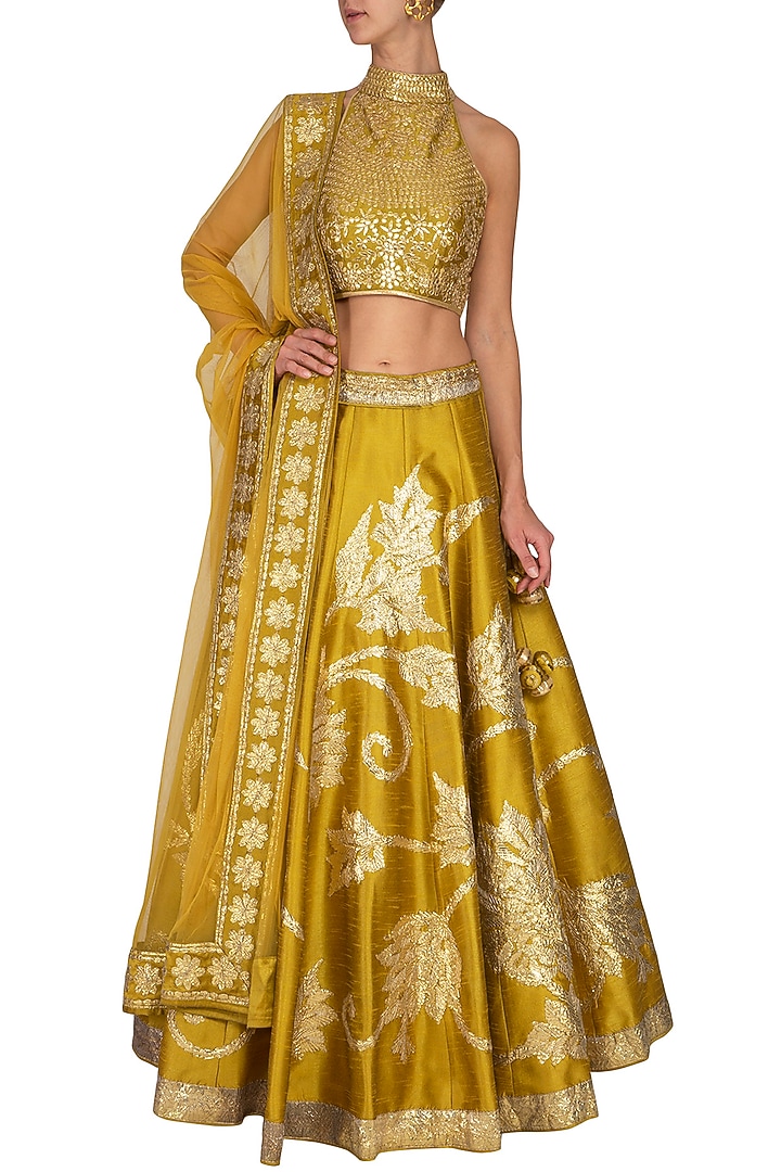 Mustard Embroidered Wedding Lehenga Set by Vandana Sethi at Pernia's Pop Up Shop