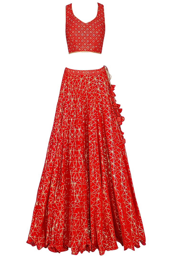 Red Block Printed Embroidered Wedding Lehenga Set by Vandana Sethi at Pernia's Pop Up Shop