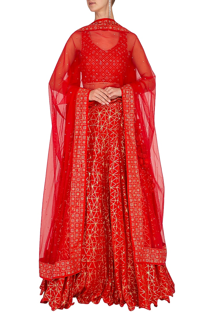 Red Block Printed Embroidered Wedding Lehenga Set by Vandana Sethi at Pernia's Pop Up Shop