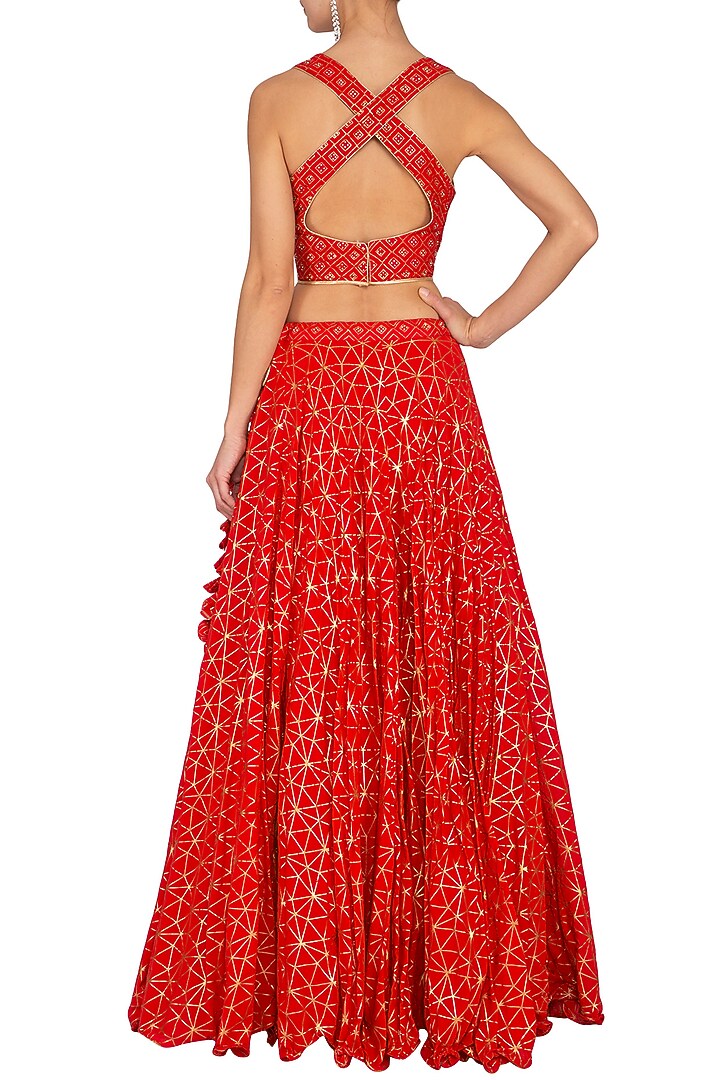 Red Block Printed Embroidered Wedding Lehenga Set by Vandana Sethi at Pernia's Pop Up Shop