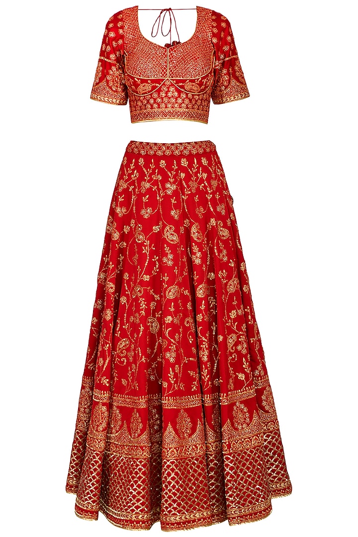 Red Embroidered Sequins Lehenga Set by Vandana Sethi