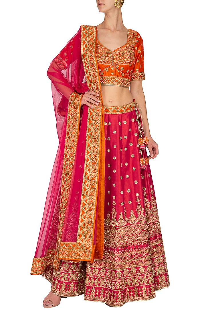 Fuschia & Orange Embroidered Wedding Lehenga Set by Vandana Sethi at Pernia's Pop Up Shop
