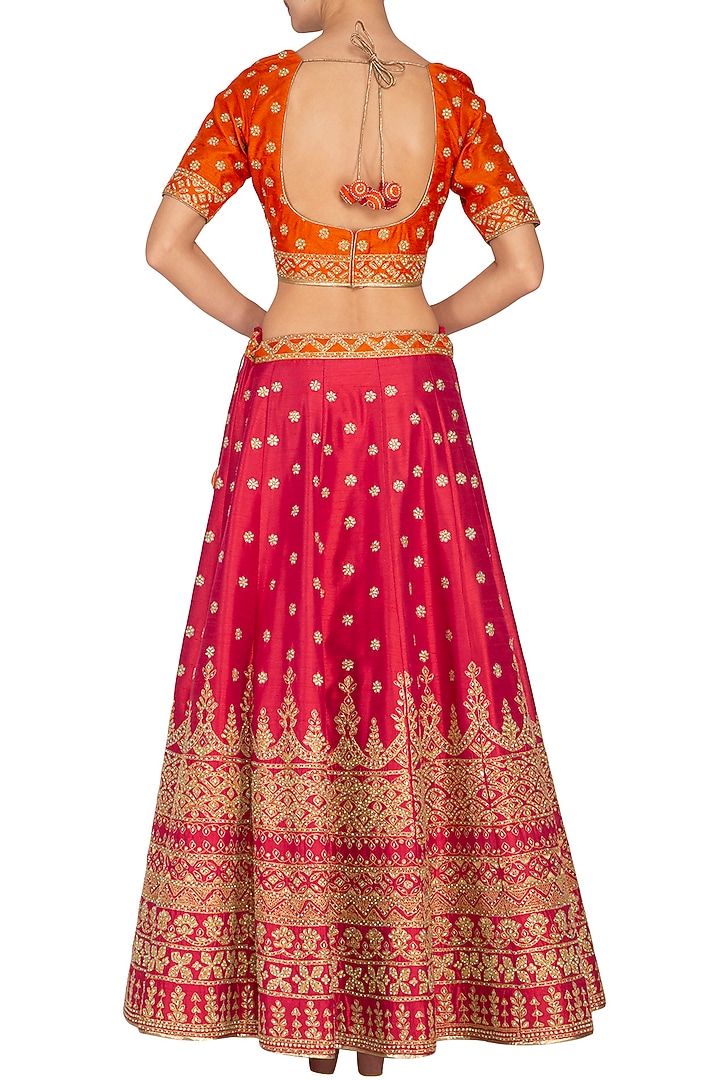 Fuschia & Orange Embroidered Wedding Lehenga Set by Vandana Sethi at Pernia's Pop Up Shop