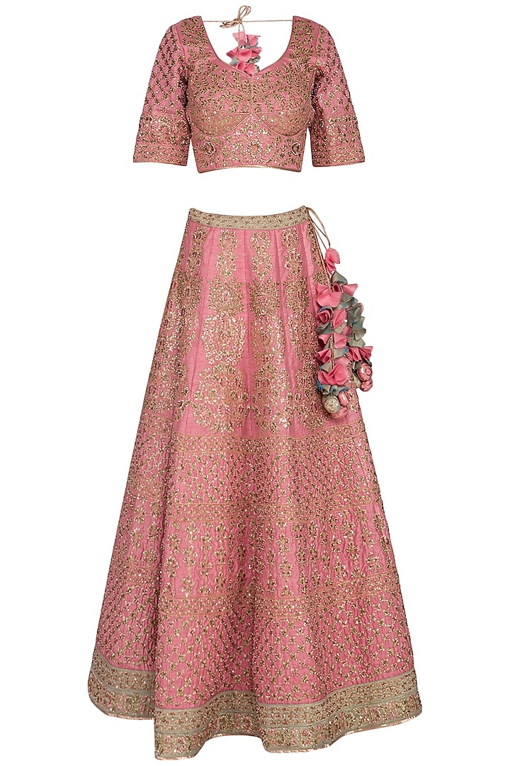 Pink Zari Embroidered Lehenga Set by Vandana Sethi