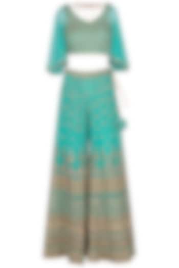 Turquoise Embroidered Sharara Pants With Crop Top by Vandana Sethi