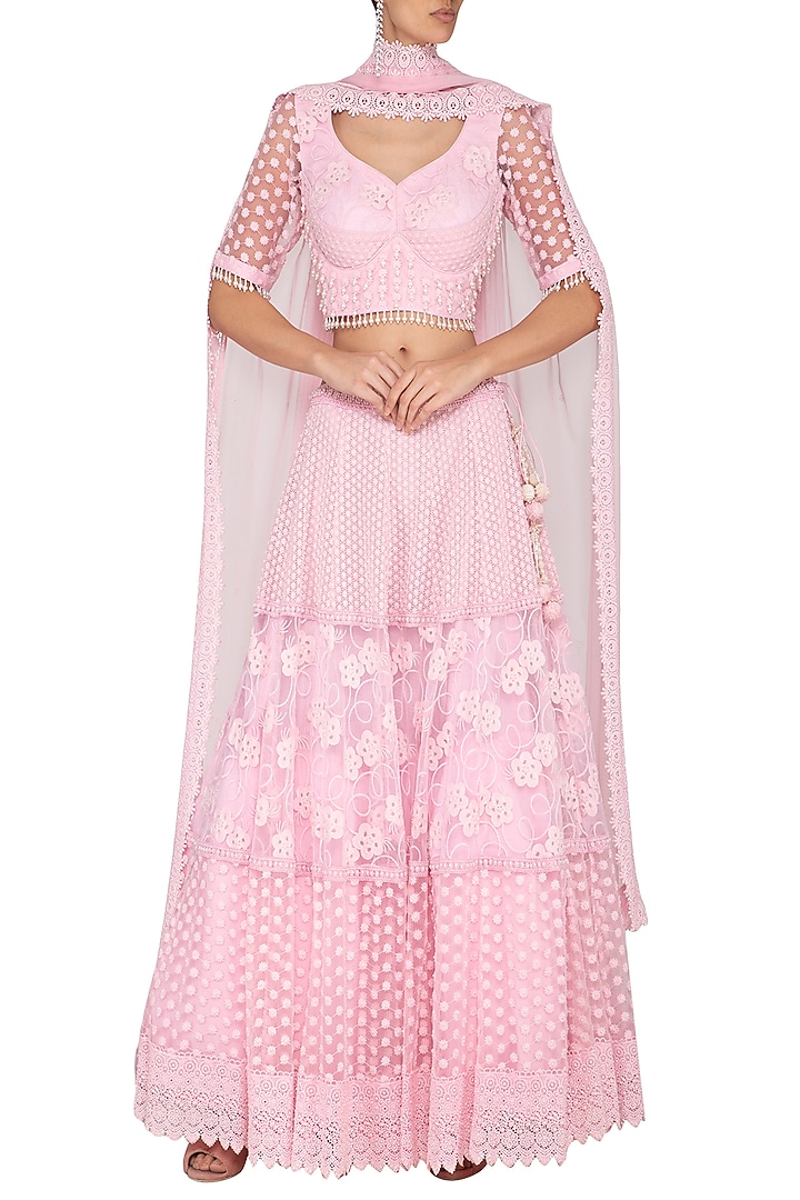 Powder Pink Embroidered Chikankari Wedding Lehenga Set by Vandana Sethi at Pernia's Pop Up Shop