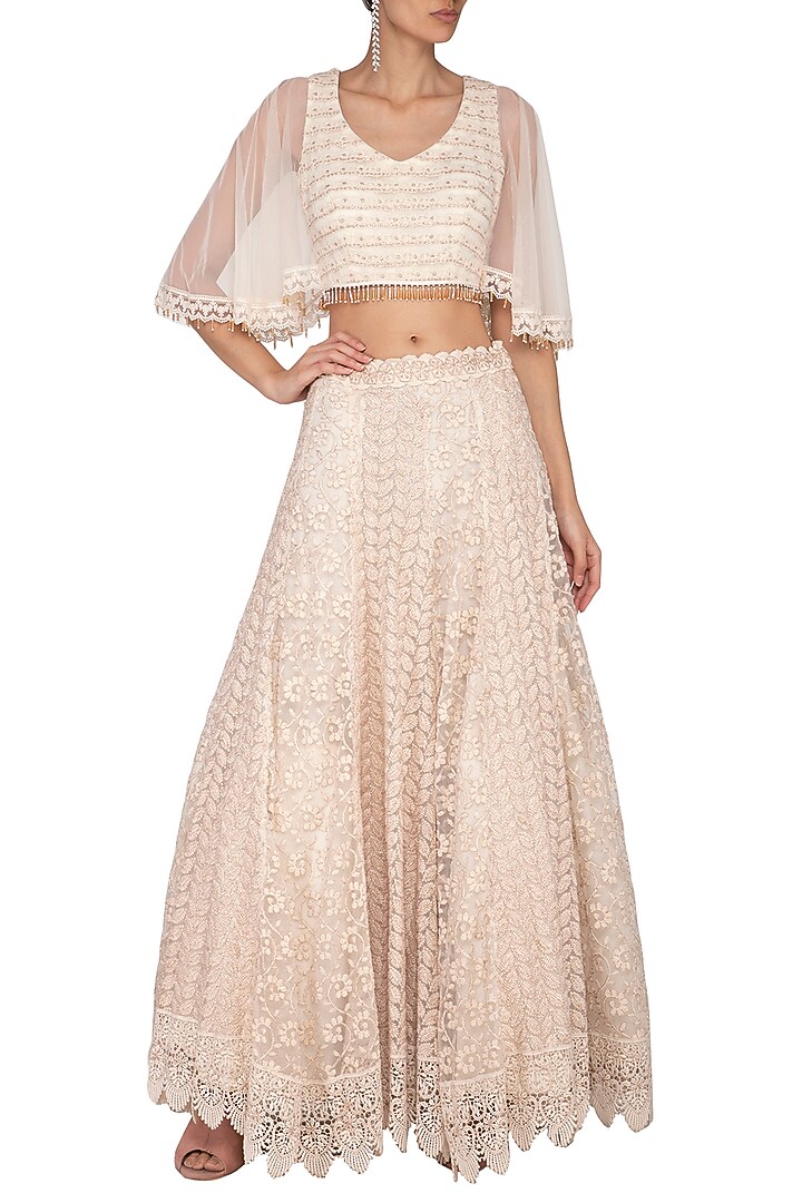 Ivory Embroidered Chikankari Lehenga Skirt with Blouse by Vandana Sethi at Pernia's Pop Up Shop