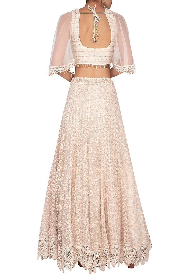 Ivory Embroidered Chikankari Lehenga Skirt with Blouse by Vandana Sethi at Pernia's Pop Up Shop