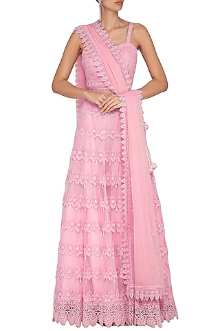 Pink Embroidered Chikankari Lehenga Set by Vandana Sethi