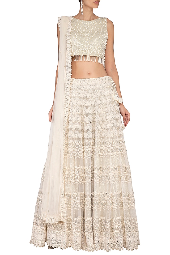 Ivory Embroidered Chikankari Wedding Lehenga Set by Vandana Sethi at Pernia's Pop Up Shop