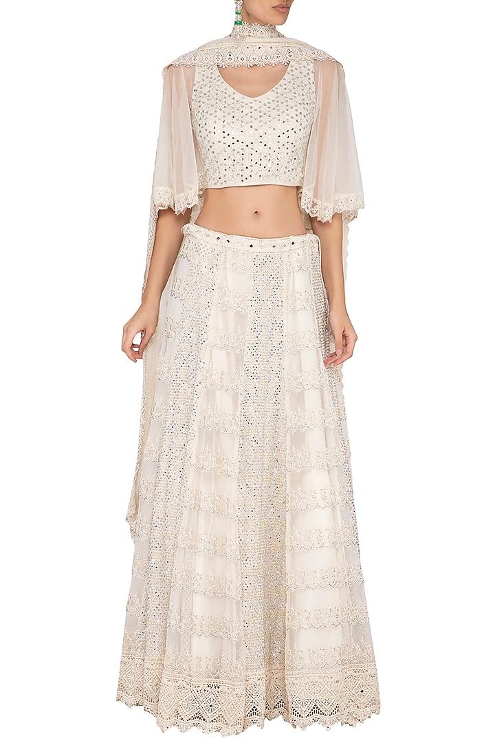 Ivory Mirror Work Embroidered Chikankari Wedding Lehenga Set by Vandana Sethi at Pernia's Pop Up Shop