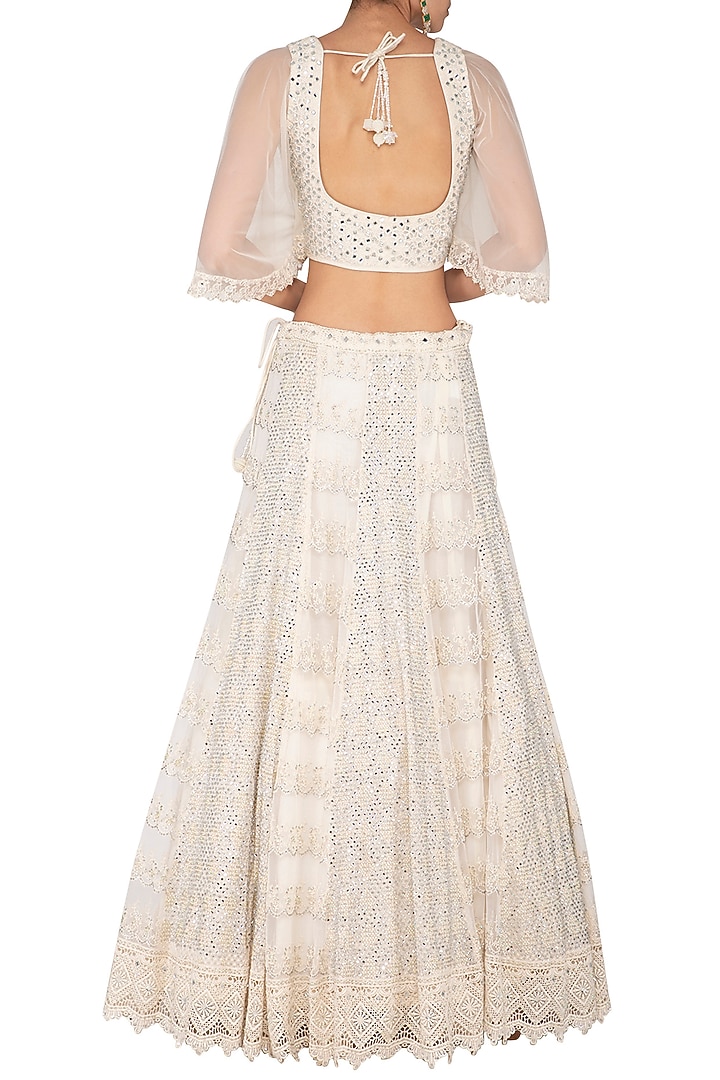 Ivory Mirror Work Embroidered Chikankari Wedding Lehenga Set by Vandana Sethi at Pernia's Pop Up Shop