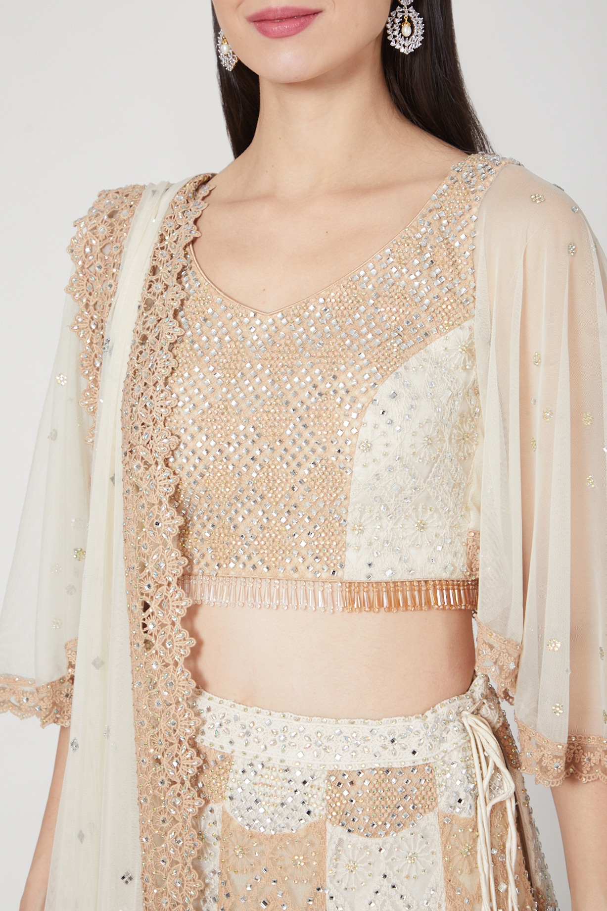 Peachy Beige Silk Embroidered Wedding Lehenga Set