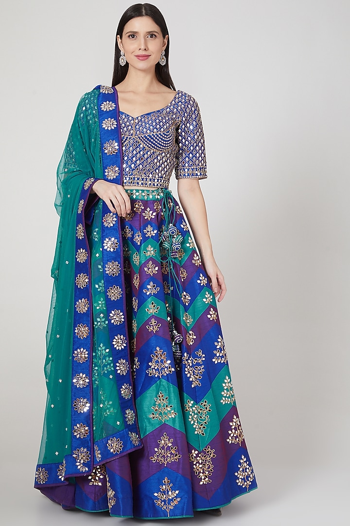Blue & Turquoise Embroidered Lehenga Set by Vandana Sethi
