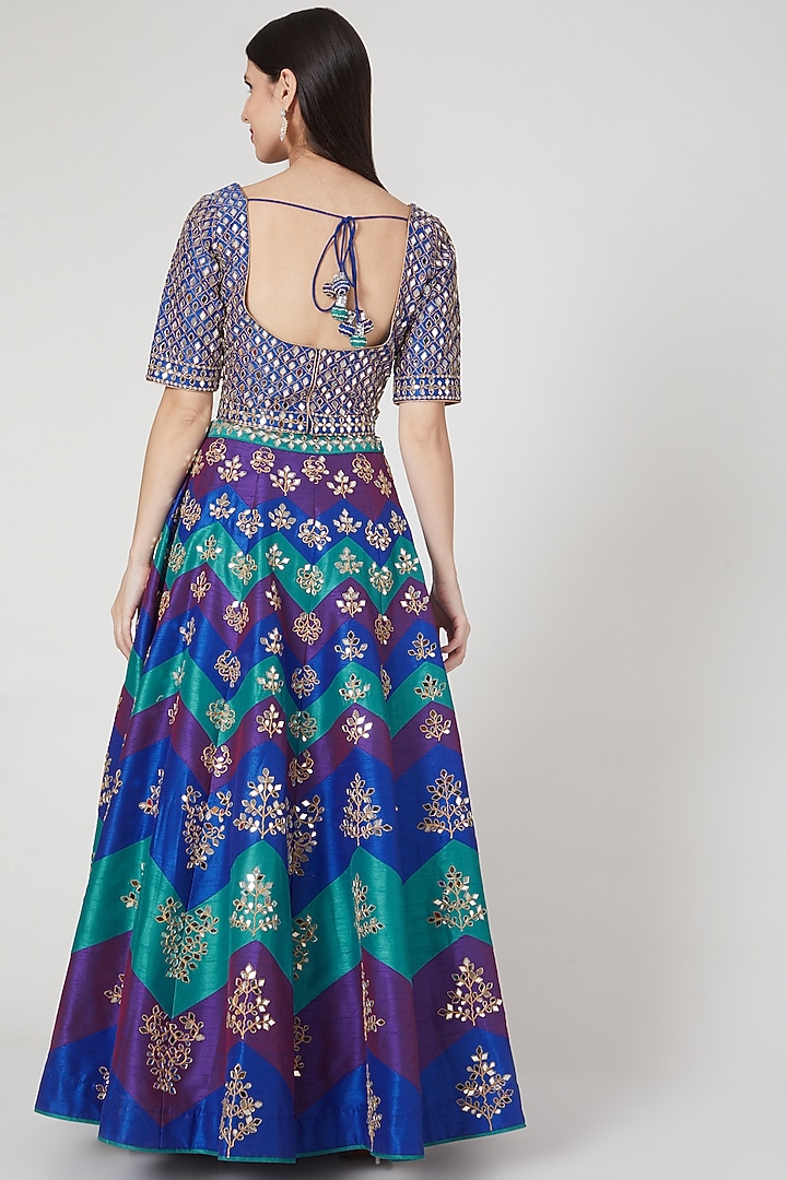 Blue & Turquoise Dupion Silk Mirror Embroidered Wedding Lehenga Set by Vandana Sethi at Pernia's Pop Up Shop
