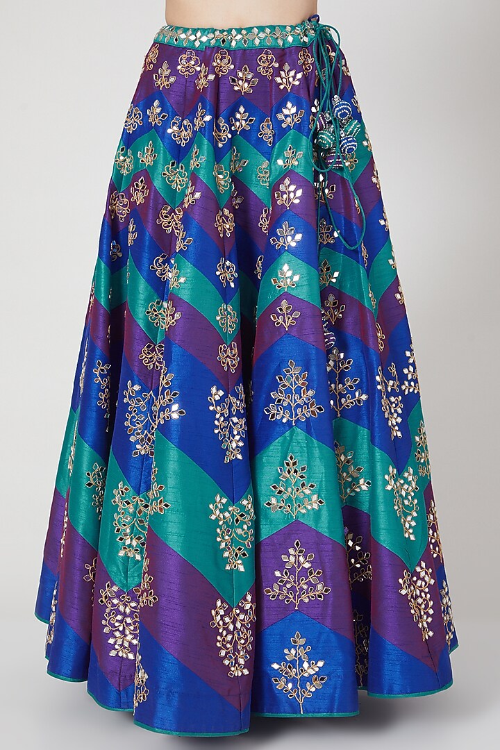 Blue & Turquoise Dupion Silk Mirror Embroidered Wedding Lehenga Set by Vandana Sethi at Pernia's Pop Up Shop