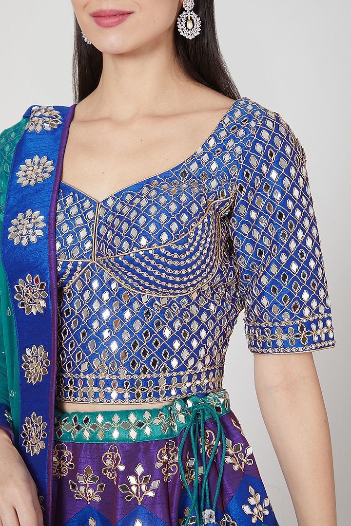 Blue & Turquoise Dupion Silk Mirror Embroidered Wedding Lehenga Set by Vandana Sethi at Pernia's Pop Up Shop