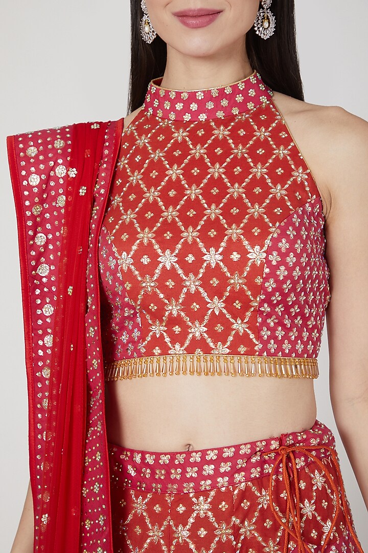 Red & Fuchsia Embroidered Wedding Lehenga Set by Vandana Sethi at Pernia's Pop Up Shop