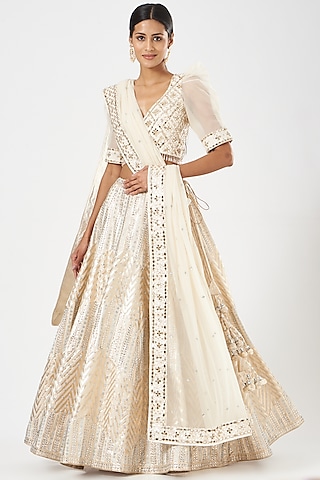 Ivory Mirror Embroidered Lehenga Set by Vandana Sethi