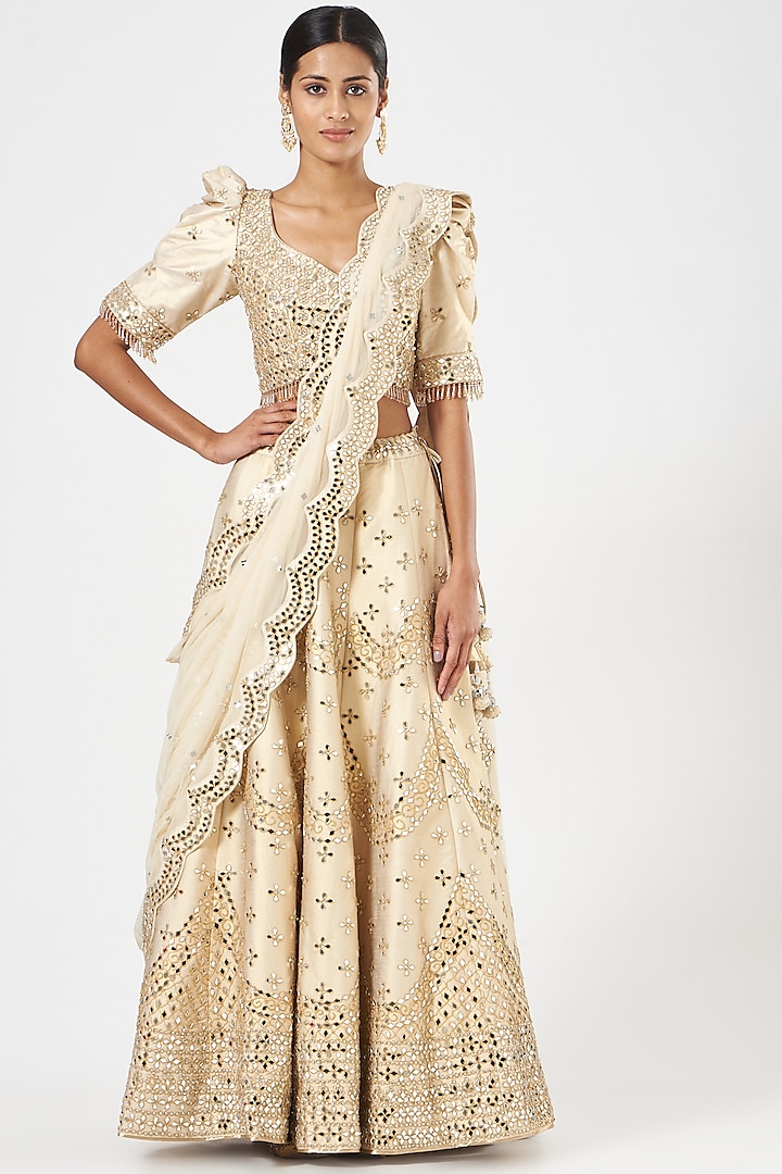 Ivory Dupion Silk Embroidered Lehenga Set by Vandana Sethi