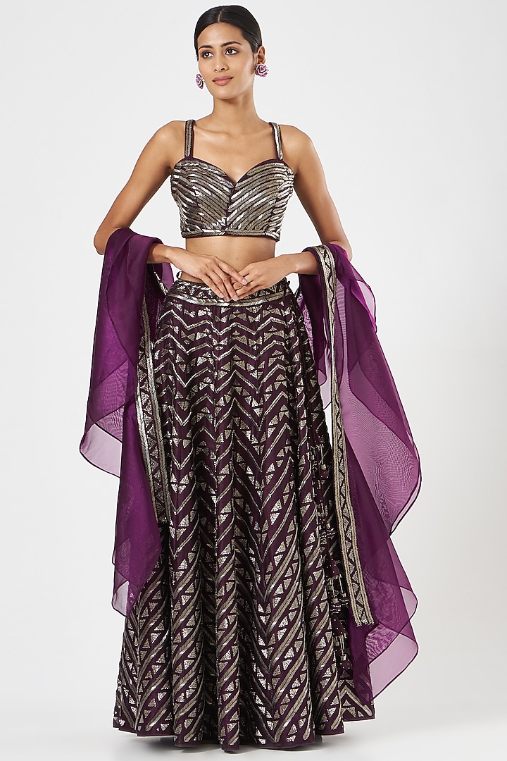 Deep Purple Dupion Silk Mirror Embroidered Bridal Lehenga Set by Vandana Sethi at Pernia's Pop Up Shop
