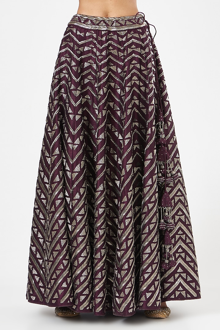 Deep Purple Dupion Silk Mirror Embroidered Bridal Lehenga Set by Vandana Sethi at Pernia's Pop Up Shop