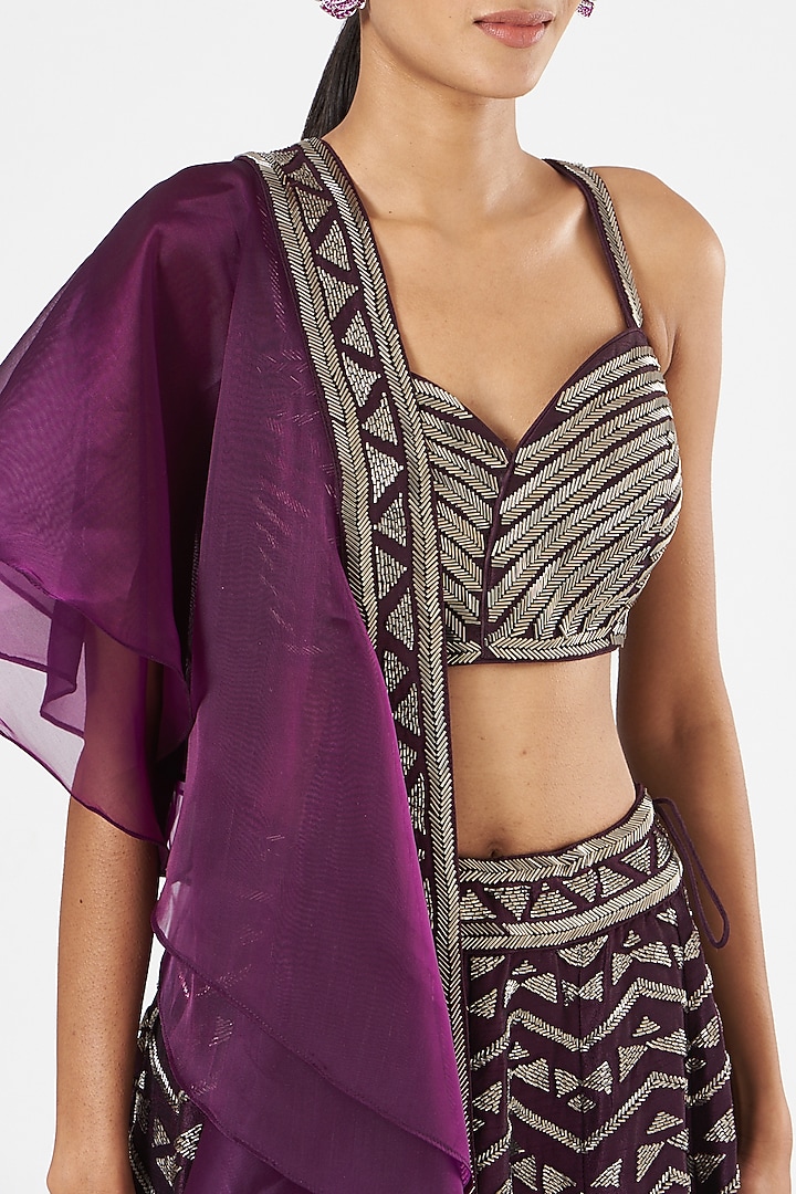 Deep Purple Dupion Silk Mirror Embroidered Bridal Lehenga Set by Vandana Sethi at Pernia's Pop Up Shop